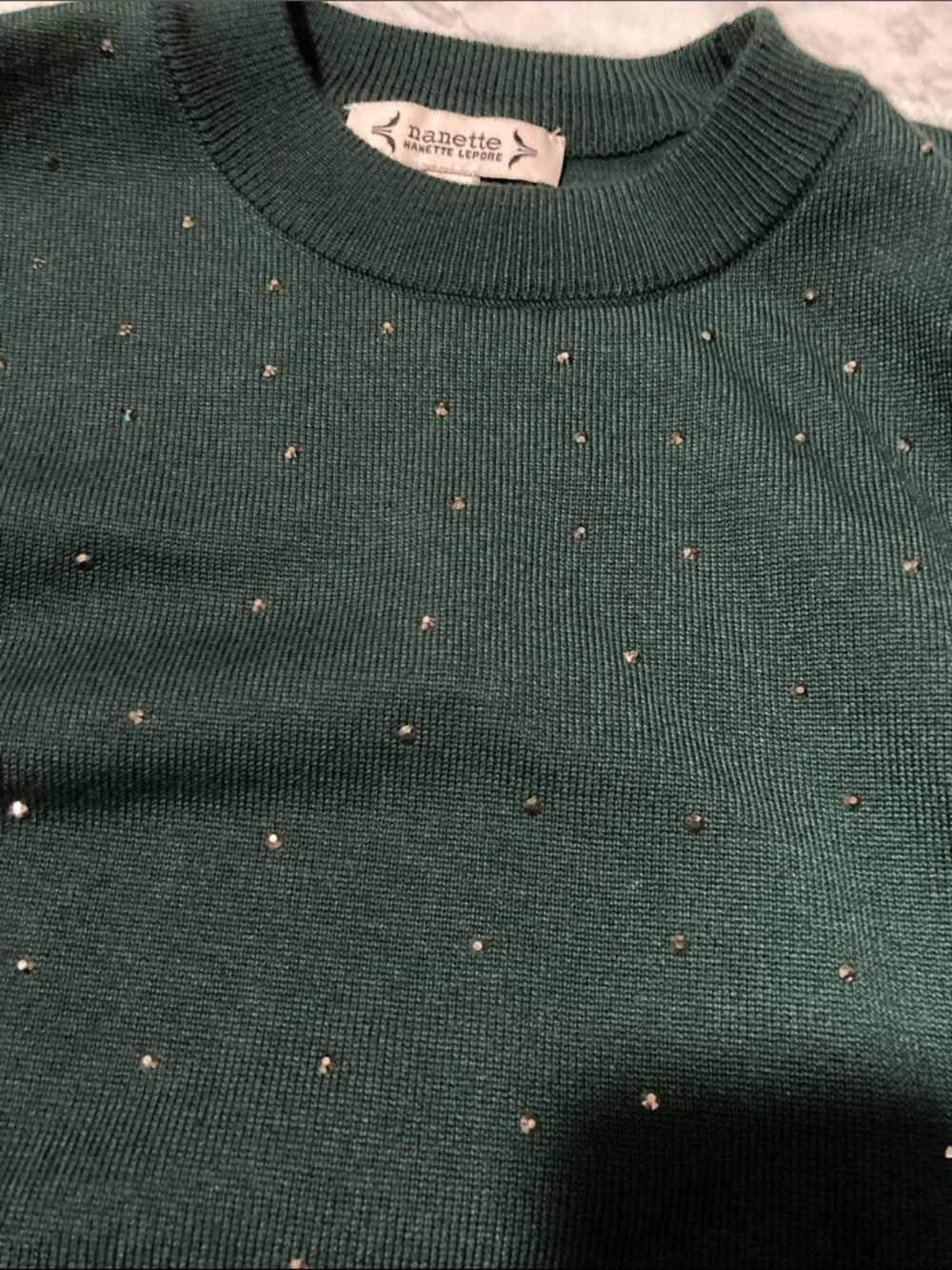Nanette Lepore Emerald Green Crewneck Sweater with Scattered Rhinestones